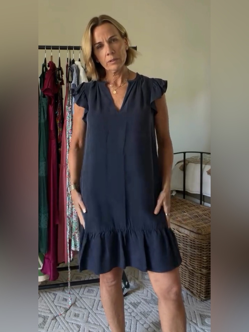 Evereve Navy Ruffle Hem Smocked Neck Womans Casual Dress. Firm on price.
